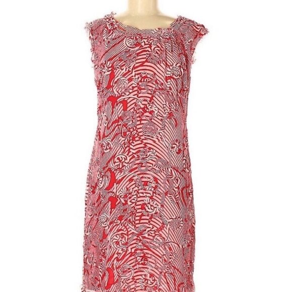 J. Peterman Appliqué Red White Fringe‎ Midi Dress Size 6 Lined Cap Sleeve Party - Picture 2 of 7